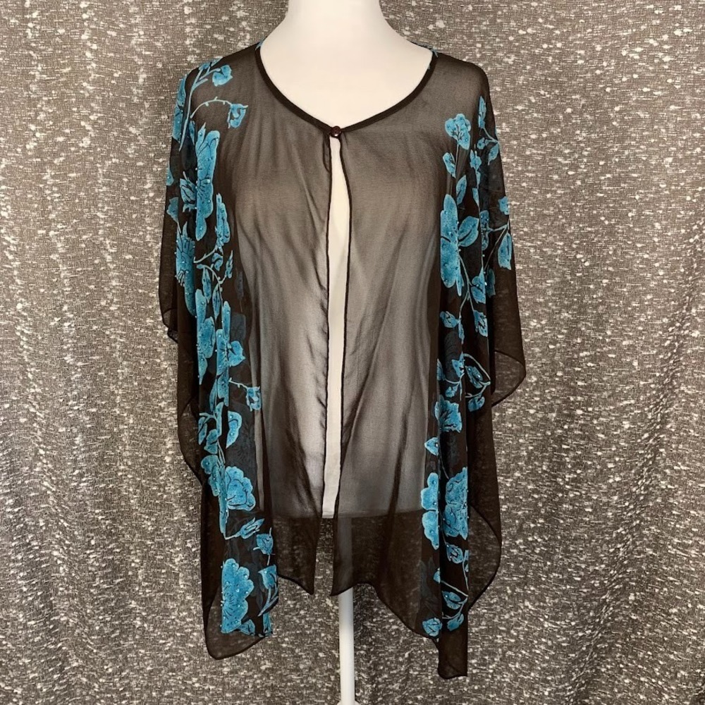Vintage Eva Blue Plus Floral Sheer Kimono Top Blue/Brown Y2K‎ Women's 22W